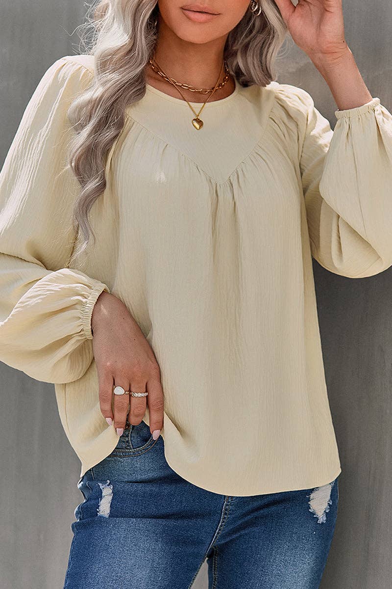 Crew Neck Solid Long Lantern Sleeve Shirt: BEIGE / M