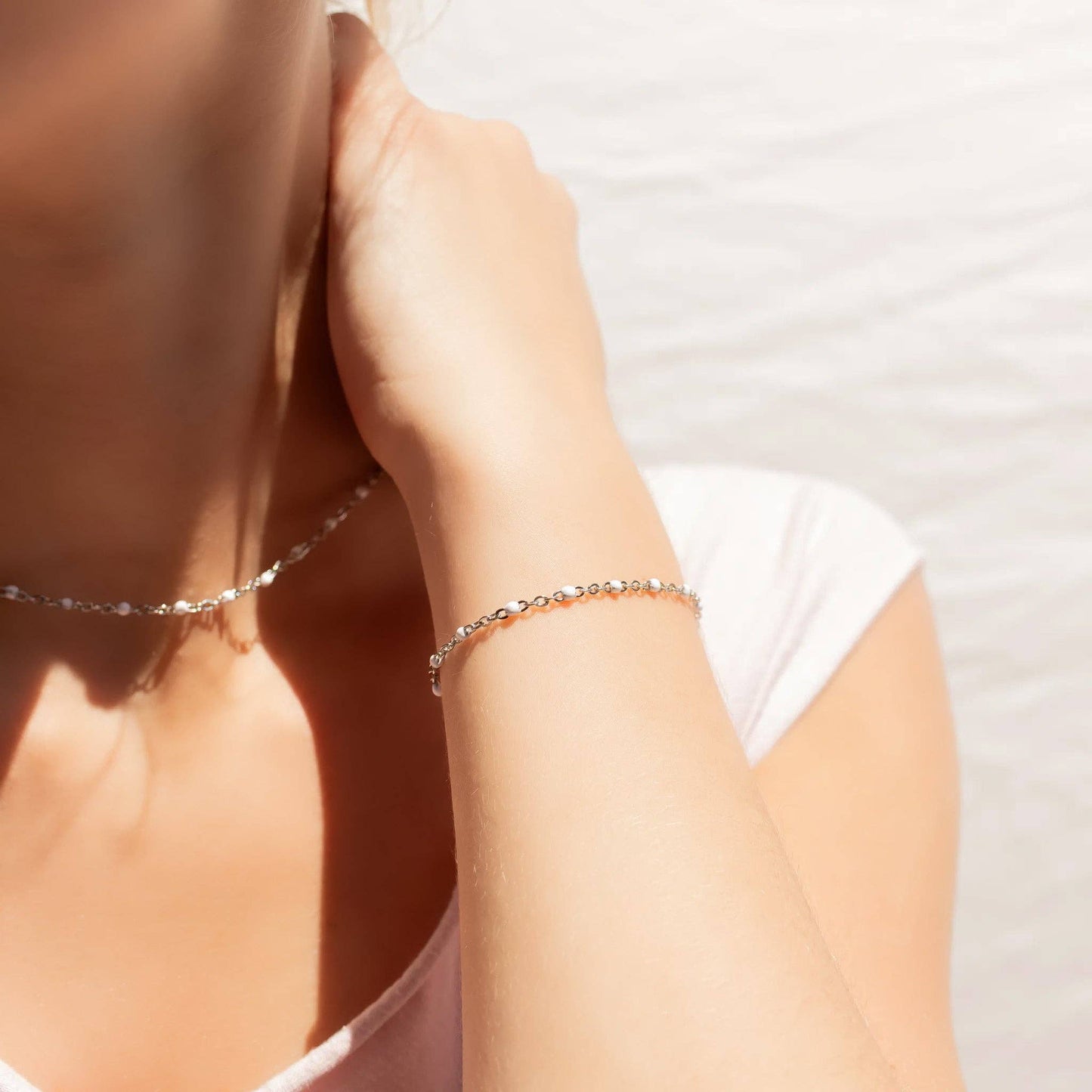 18K Gold PVD Stainless Steel White Confetti Chain Bracelet: Stainless