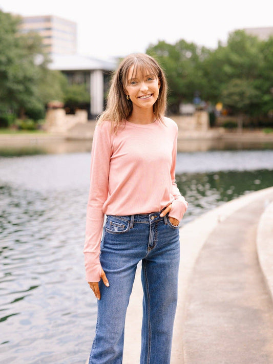 Ribbed Long-Sleeve Top, Blush Pink: Blush / L