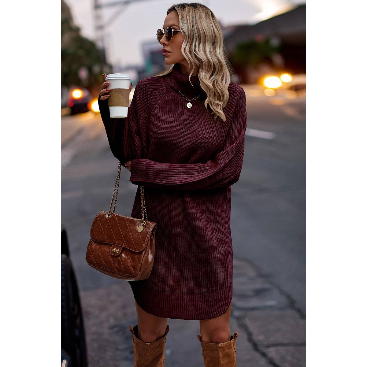 Thick Knit Roll Neck Solid Loose Fit Sweater Dress: Wine / M