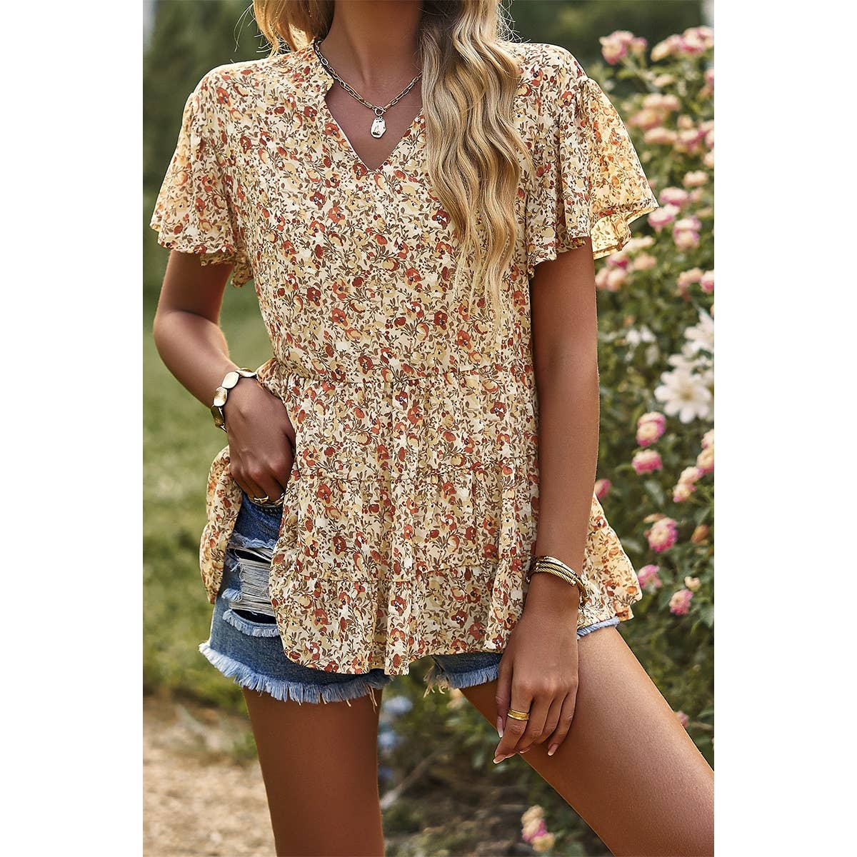Fall Floral Short Sleeve Blouse  LARGE