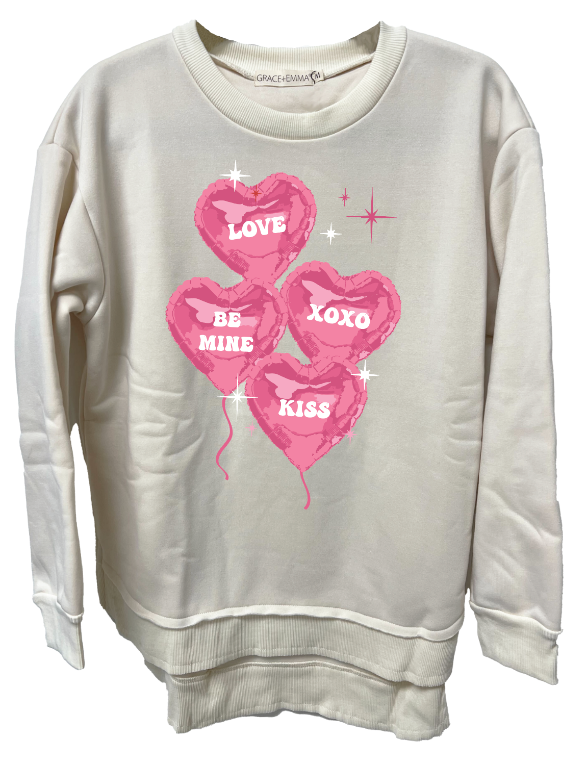 Pink Hearts on Ivory French Terry Sweatshirt With Ribbed Knit: Beige / XS