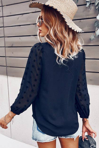 Solid V Neck Lantern Sleeve Swiss Dot Shirt: NAVY / L