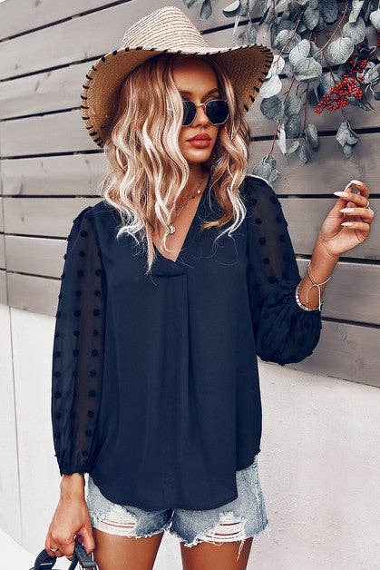 Solid V Neck Lantern Sleeve Swiss Dot Shirt: NAVY / L