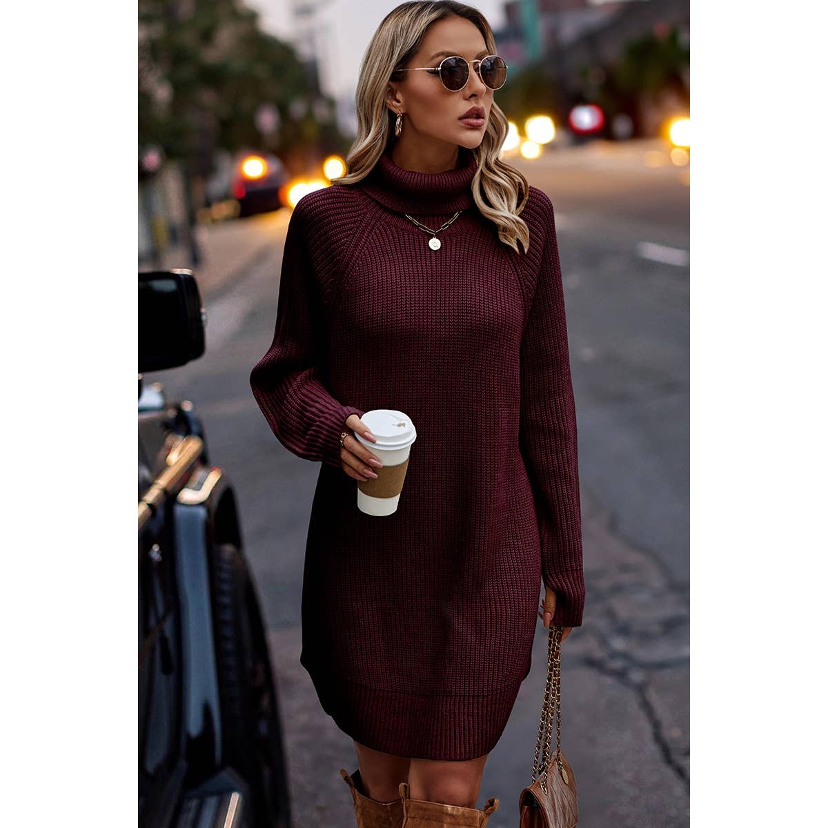 Thick Knit Roll Neck Solid Loose Fit Sweater Dress: Wine / M