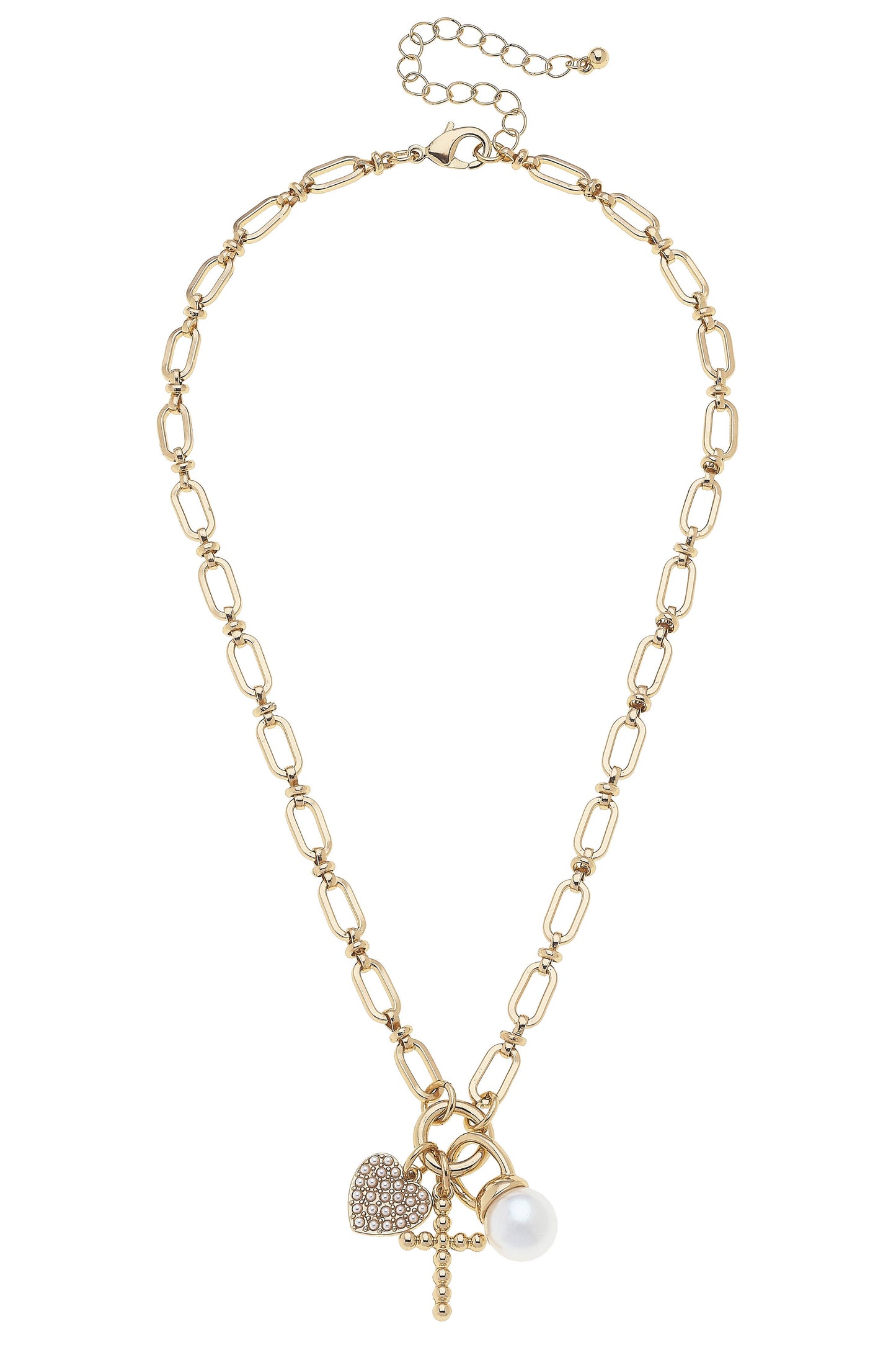 Poppy Beaded Cross & Pearl Charm Necklace in Shiny Gold