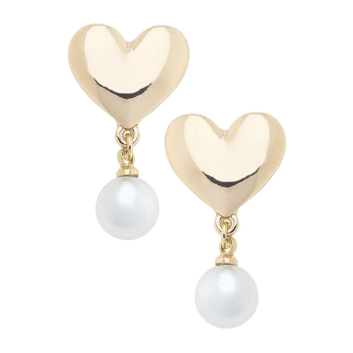 Minnie Heart Pearl Drop Earrings in Shiny Gold