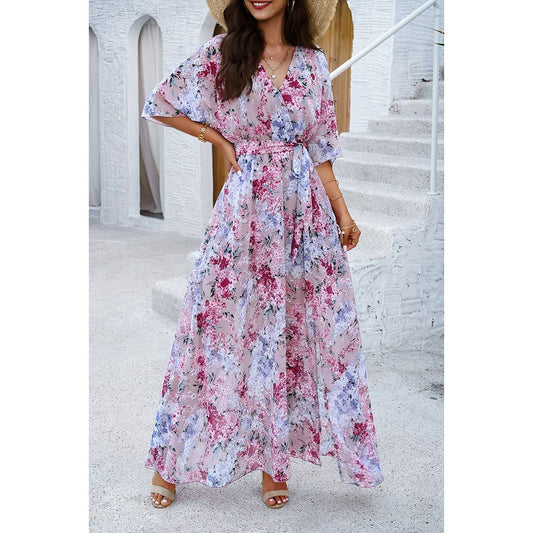Floral Print V Neck Waist Cinched Split Long Dress: PINK / XL