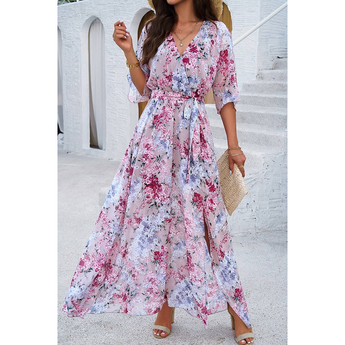 Floral Print V Neck Waist Cinched Split Long Dress: PINK / M
