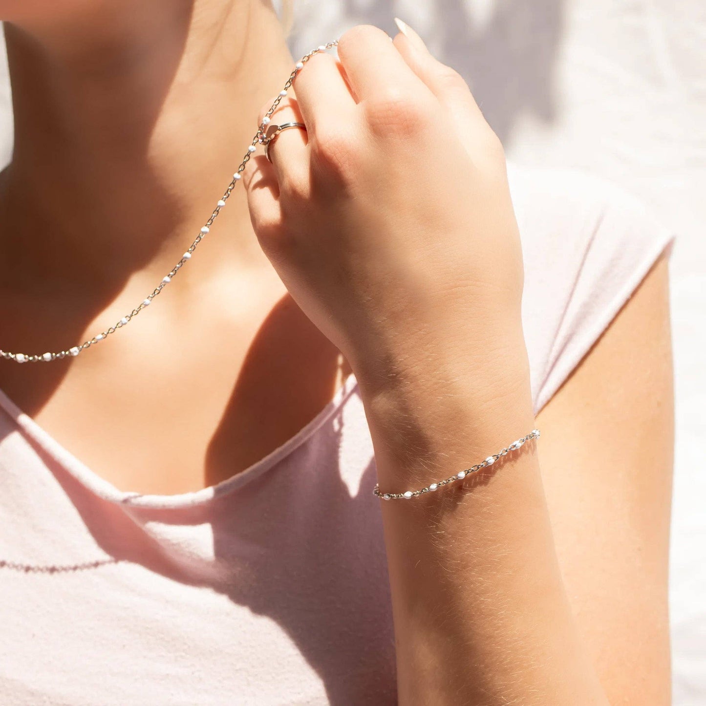 18K Gold PVD Stainless Steel White Confetti Chain Bracelet: Stainless