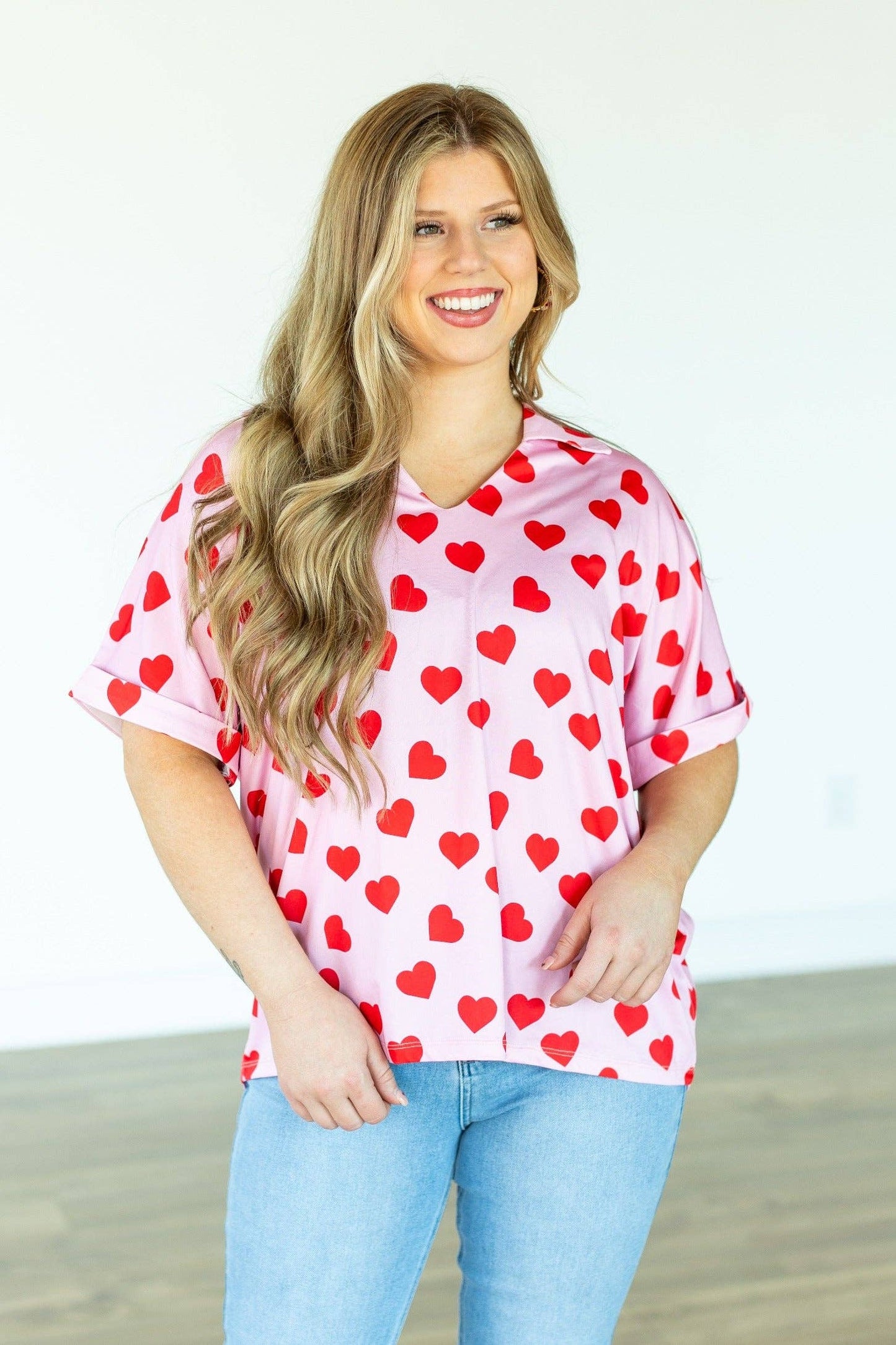 Cara Collared Top, Heart Print: Pink / XS