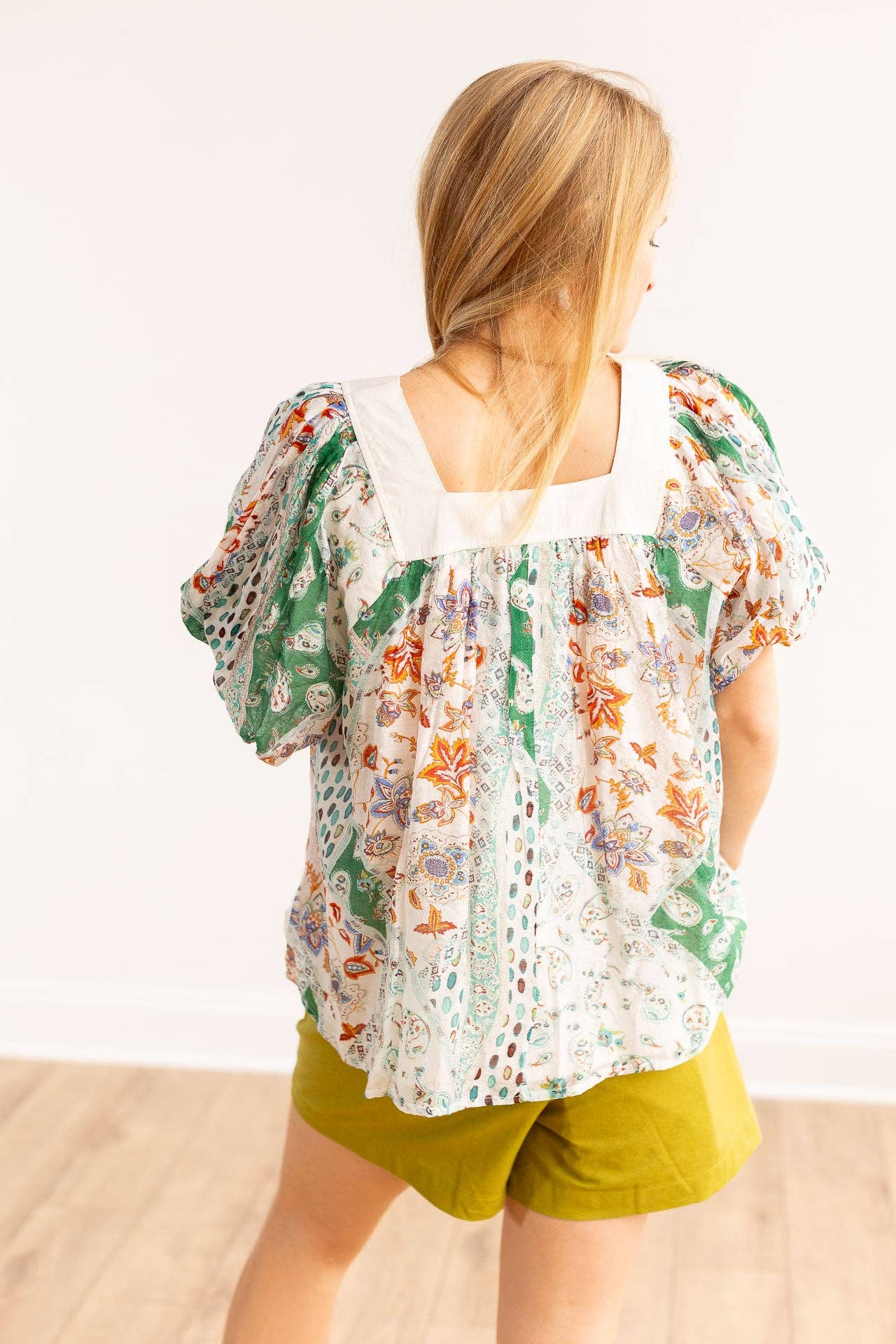 The Rosemary Ivory & Green Square Neck Puff Blouse: Green / Small