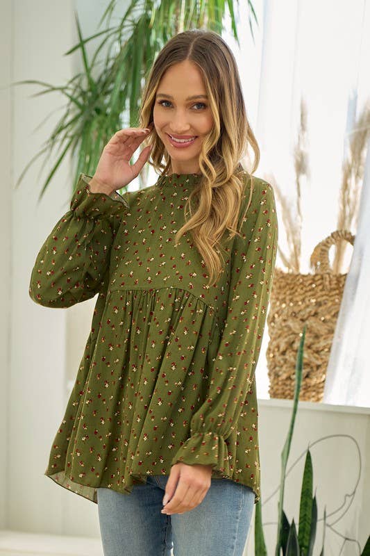 Floral mock neck blouse Green