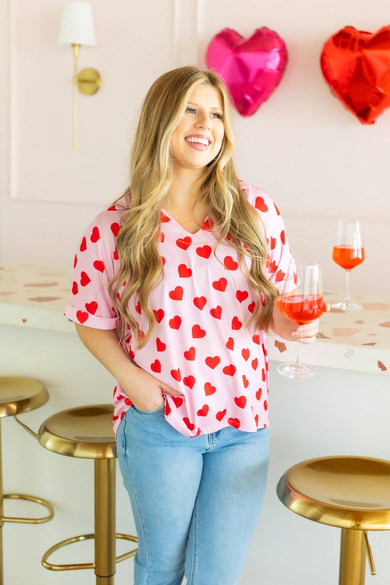 Cara Collared Top, Heart Print: Pink / XS