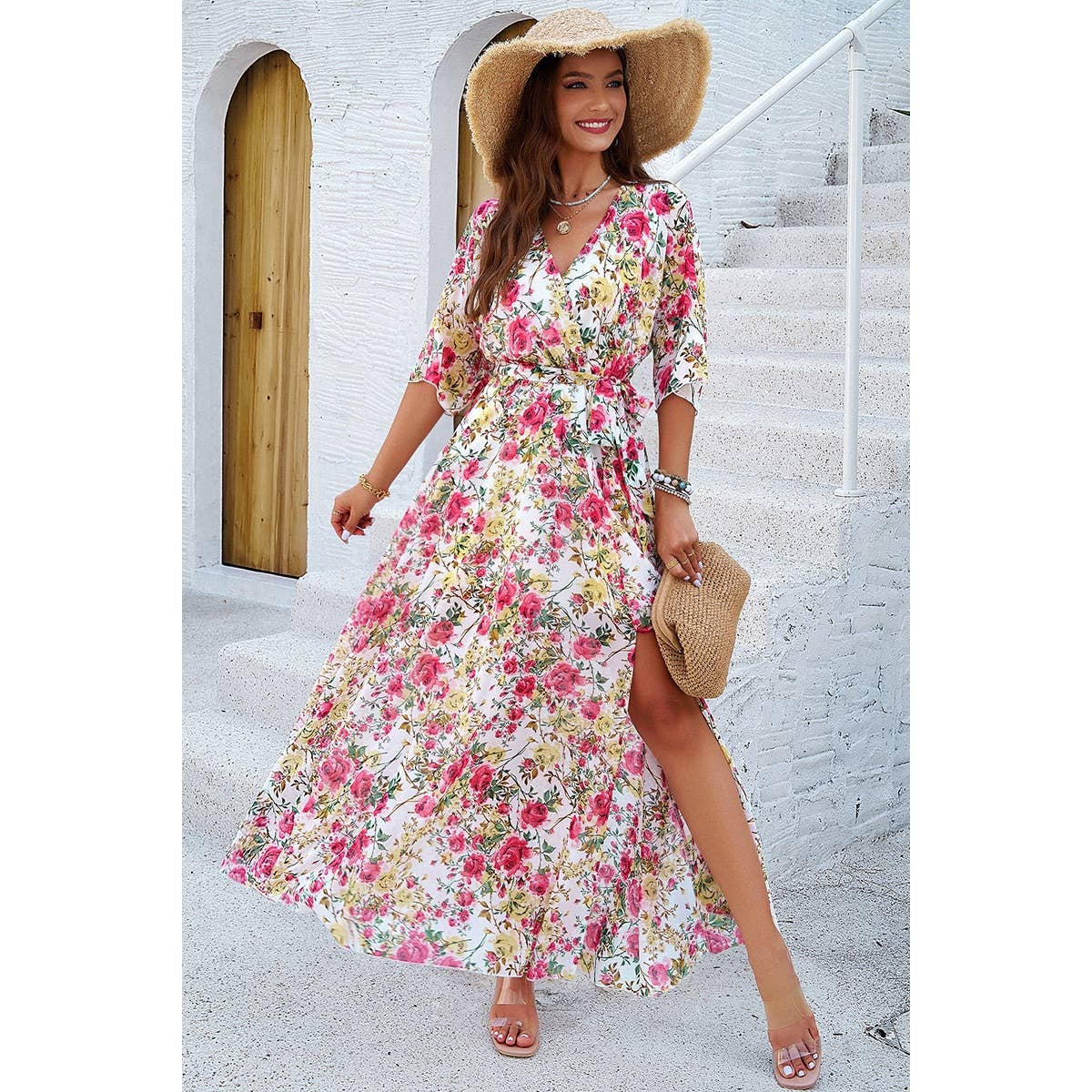 Floral Print V Neck Waist Cinched Split Long Dress: PINK / XL