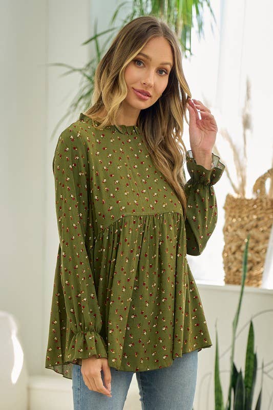 Floral mock neck blouse Green