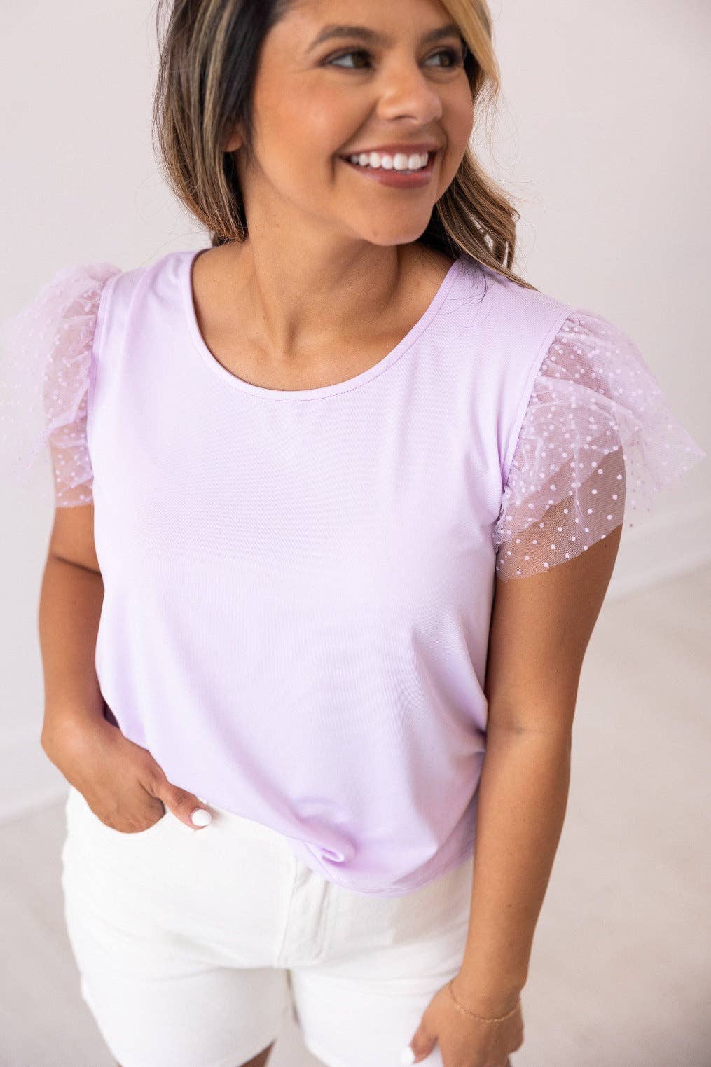 Tulle Sleeve Top, Lavender: Purple / S
