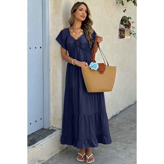 Cross Pockets Ruffle Hem Dress: NAVY / S
