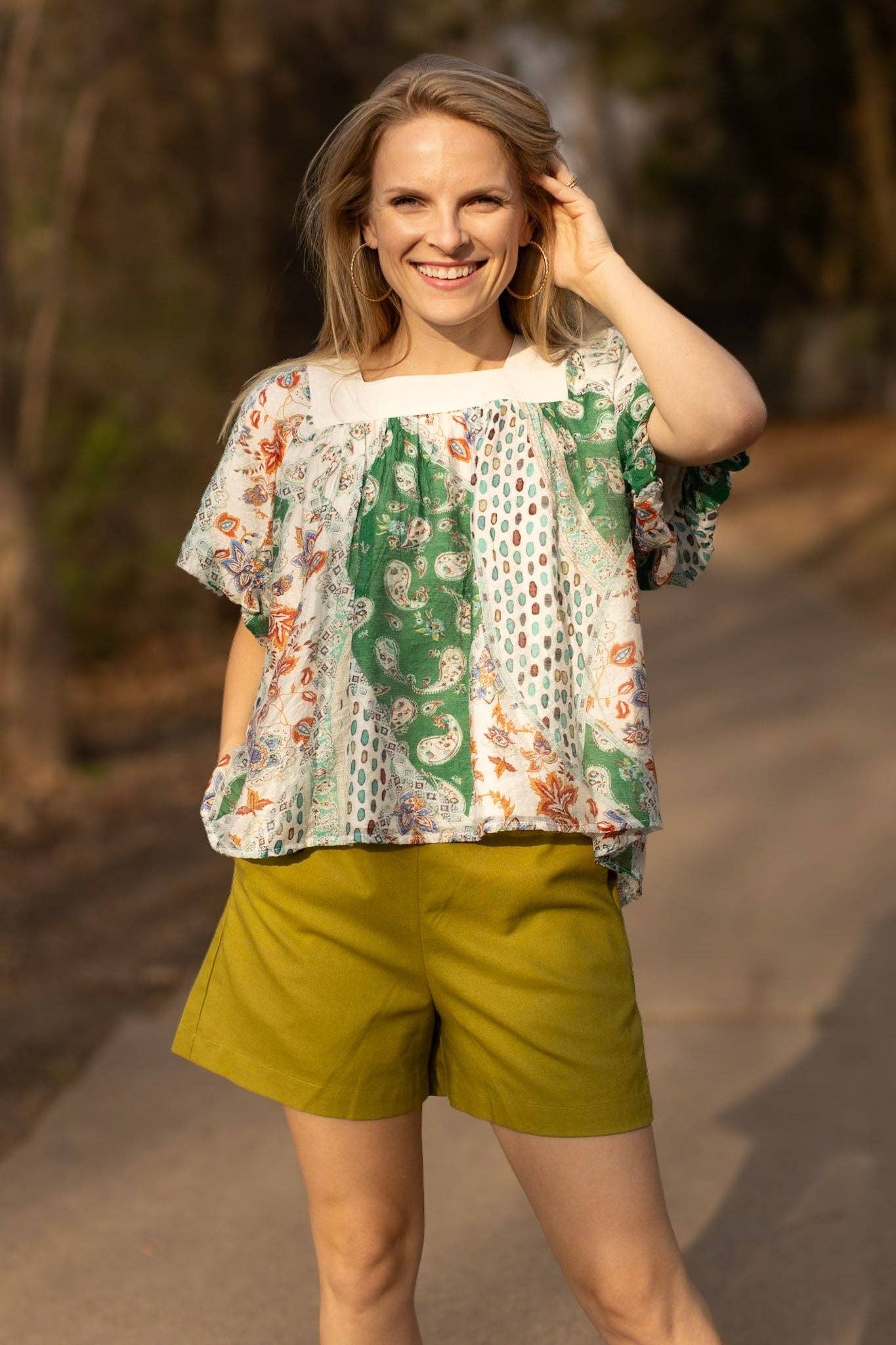 The Rosemary Ivory & Green Square Neck Puff Blouse: Green / Small