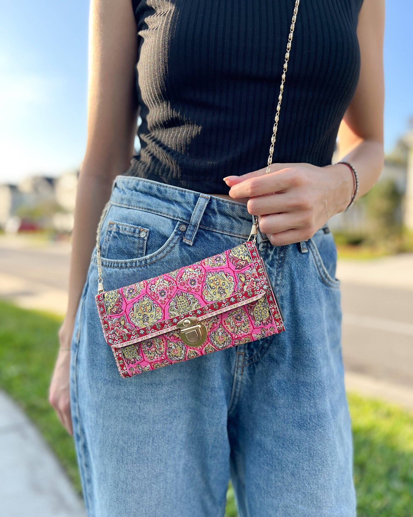 Pink Crossbody Bag, Boho Shoulder Bag for Women, Small Bag
