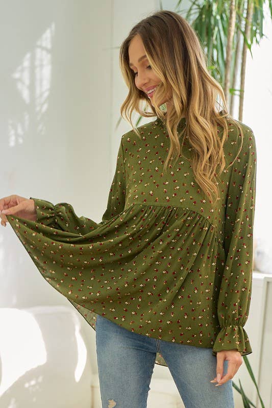 Floral mock neck blouse Green