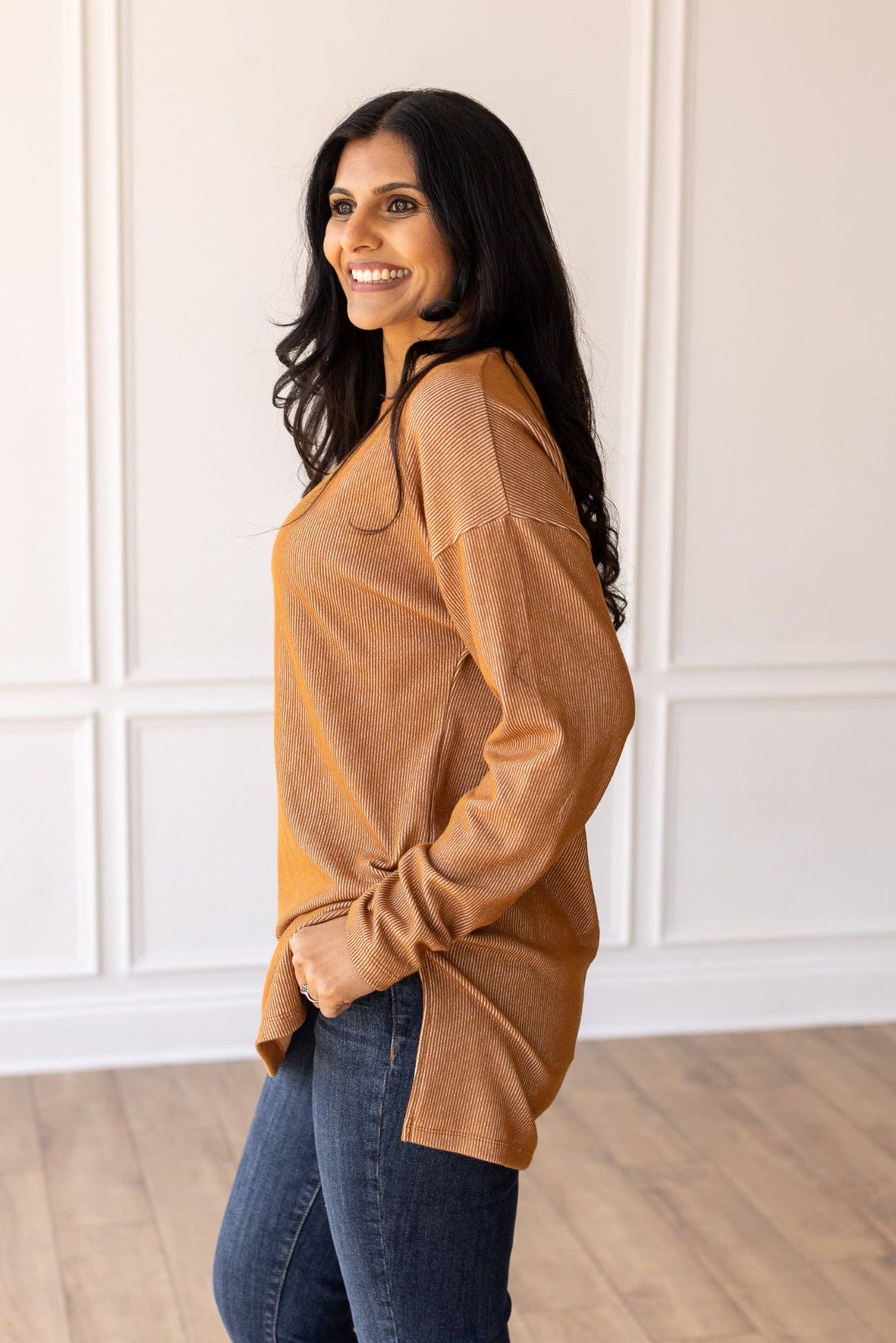 Long-sleeve Top: Brown / S