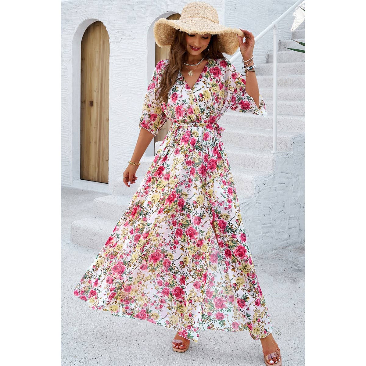 Floral Print V Neck Waist Cinched Split Long Dress: PINK / M