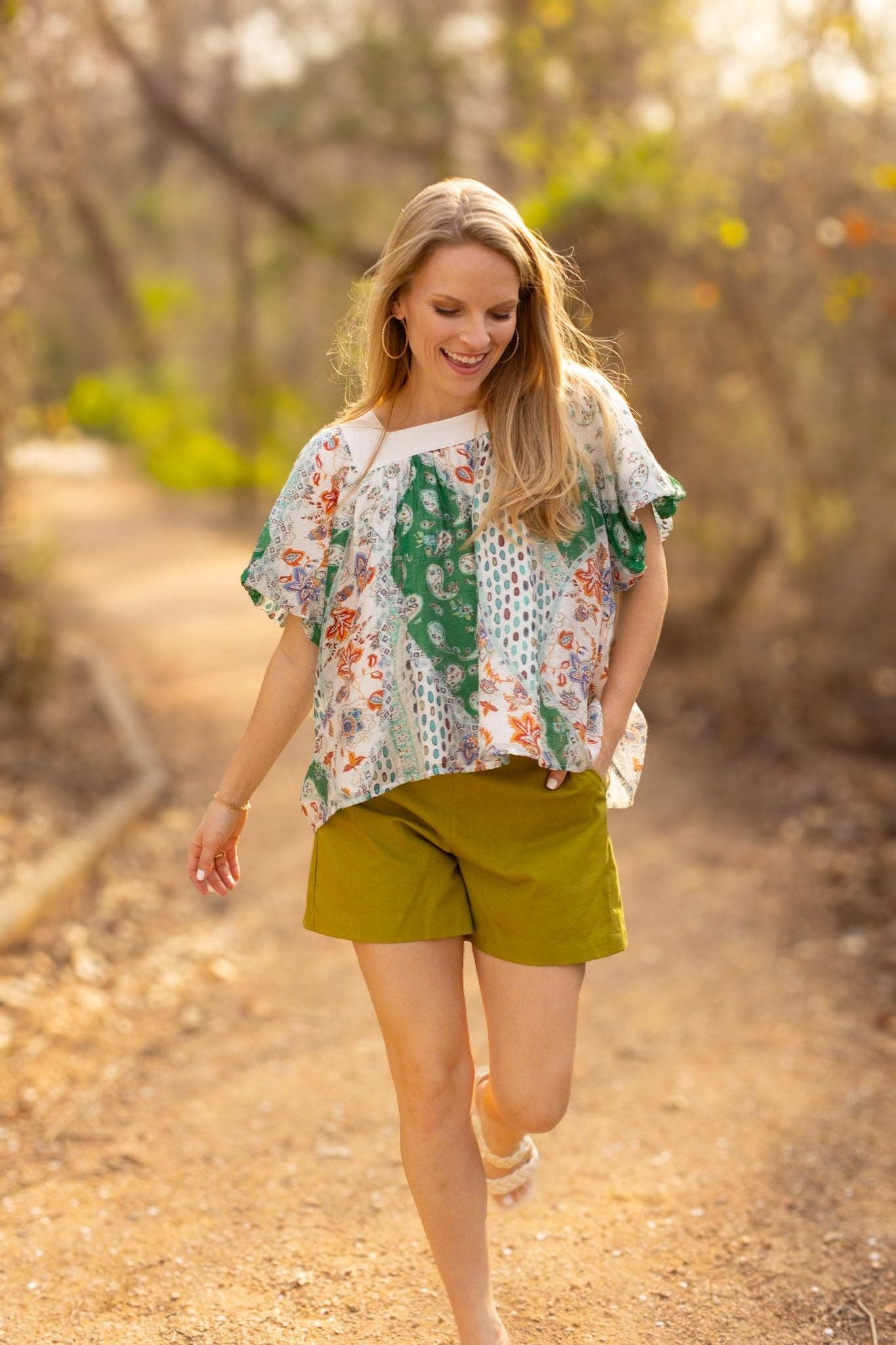 The Rosemary Ivory & Green Square Neck Puff Blouse: Green / Small