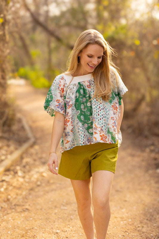 The Rosemary Ivory & Green Square Neck Puff Blouse: Green / Small
