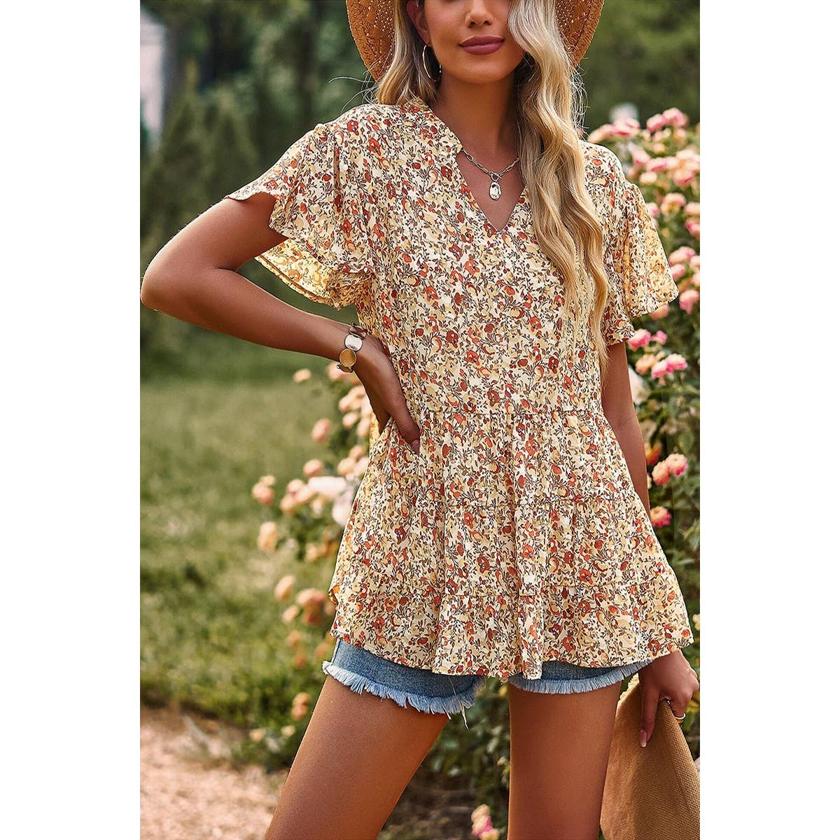 Fall Floral Short Sleeve Blouse  LARGE