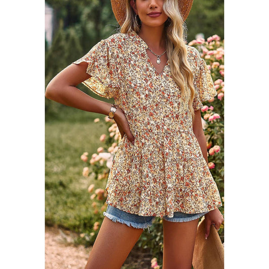 Fall Floral Short Sleeve Blouse  LARGE