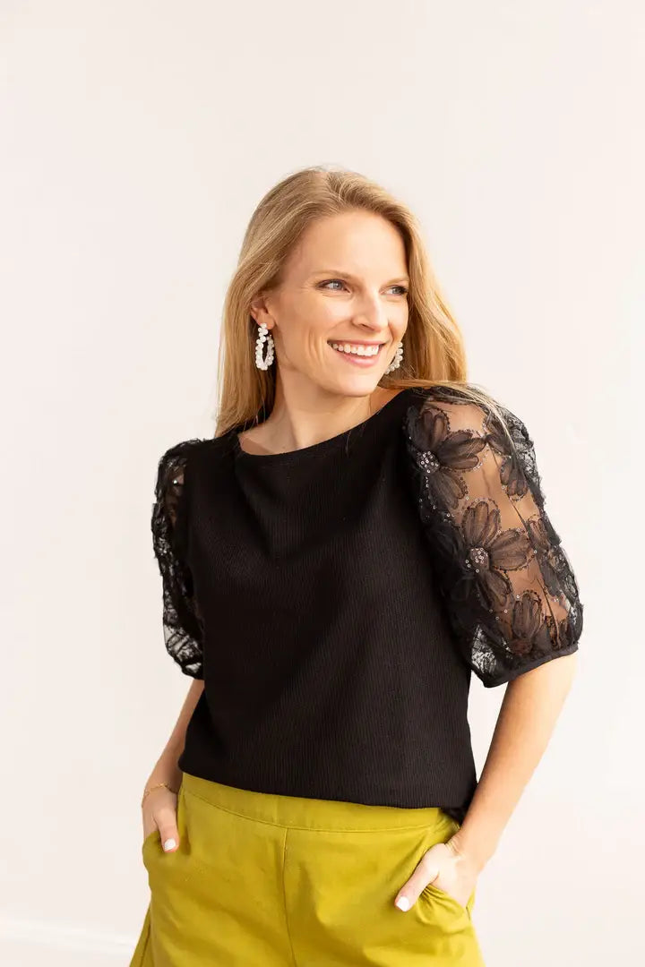 Midnight Blossom Black Sequins Floral Puff Sleeve: Black / X-Small