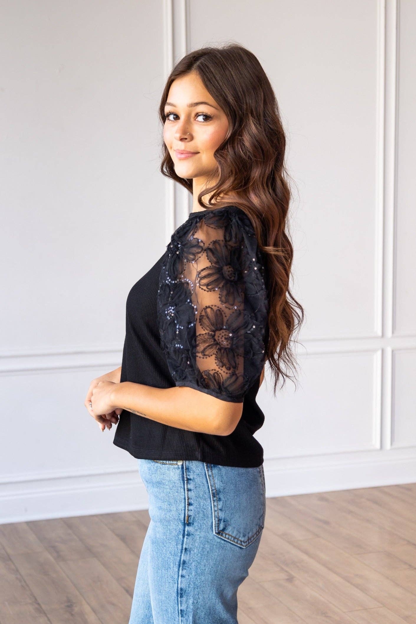 Midnight Blossom Black Sequins Floral Puff Sleeve: Black / X-Small