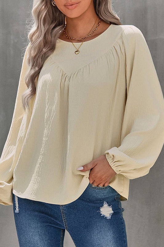 Crew Neck Solid Long Lantern Sleeve Shirt: BEIGE / M