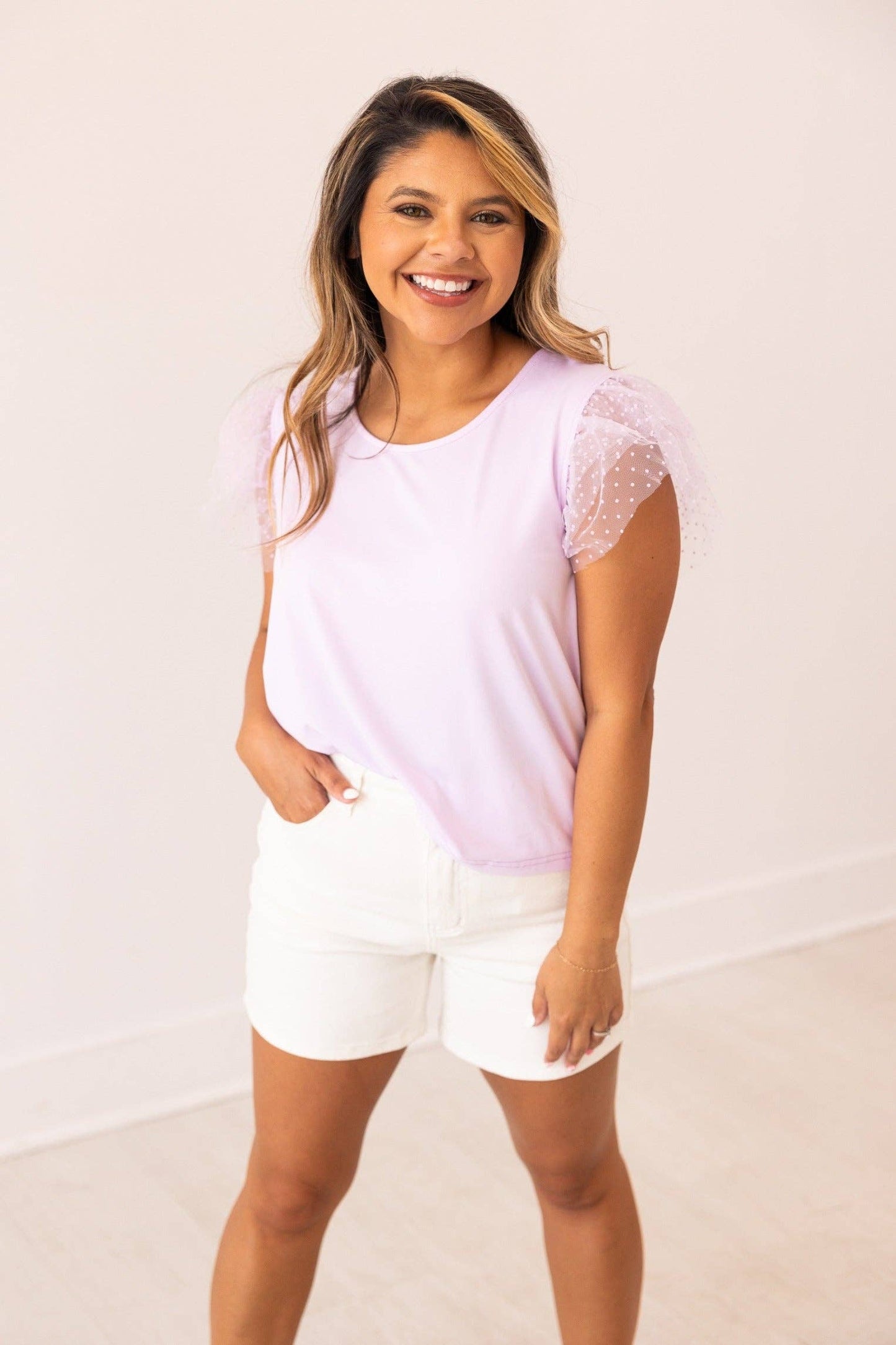 Tulle Sleeve Top, Lavender: Purple / S