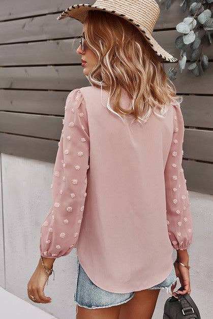 Solid V Neck Lantern Sleeve Swiss Dot Shirt: PINK / M