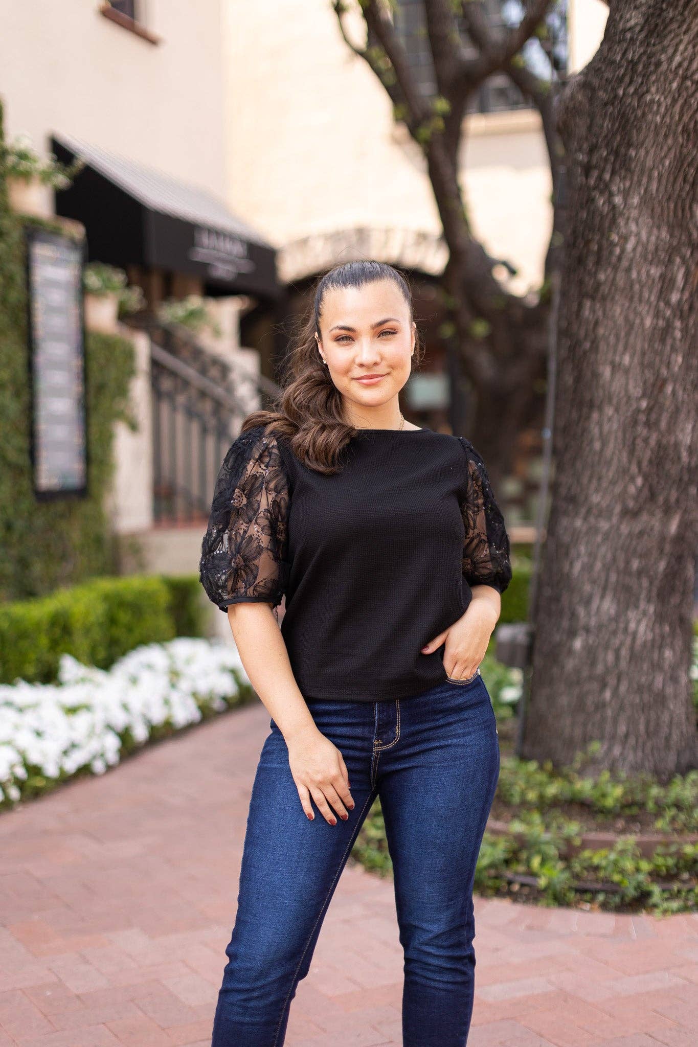 Midnight Blossom Black Sequins Floral Puff Sleeve: Black / X-Small