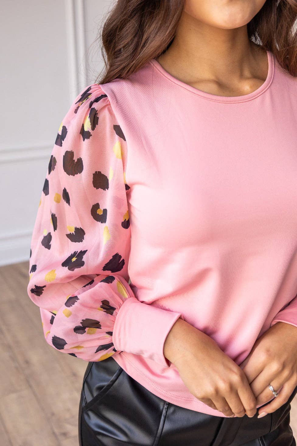 The Leopard Dream Pink Balloon Sleeve Top: Pink / X-Small