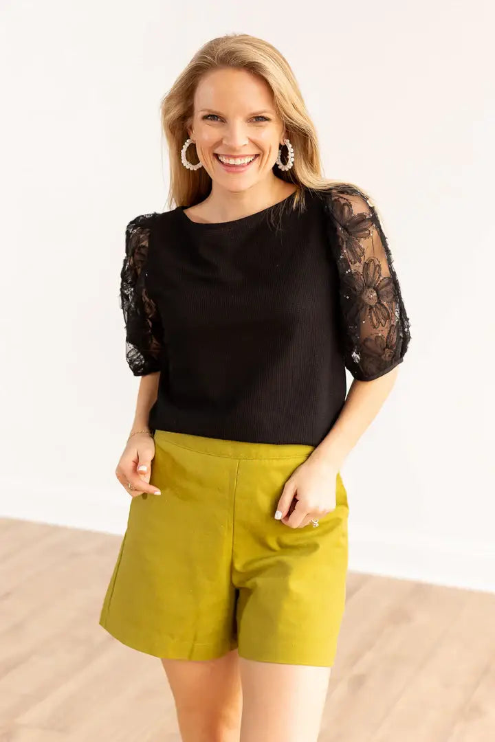 Midnight Blossom Black Sequins Floral Puff Sleeve: Black / X-Small