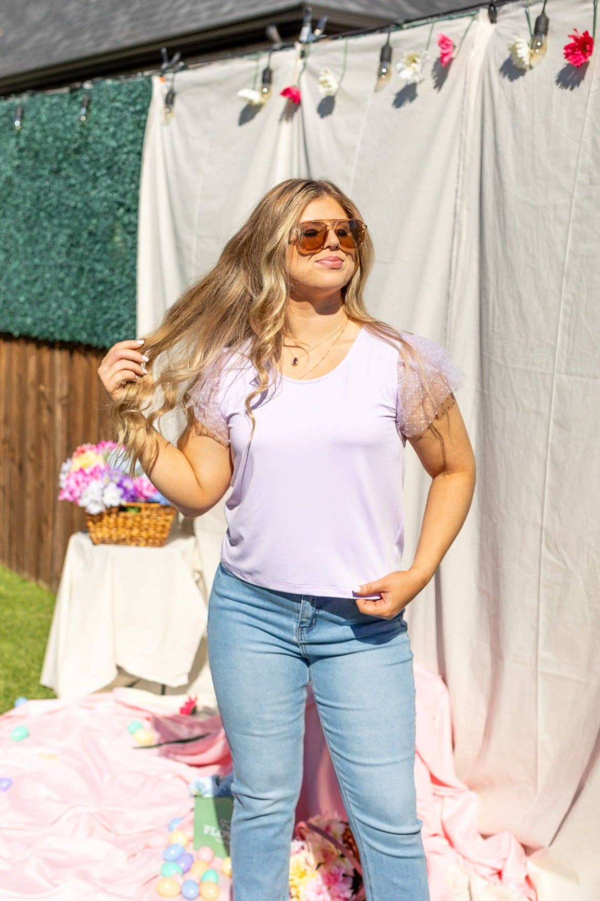 Tulle Sleeve Top, Lavender: Purple / S