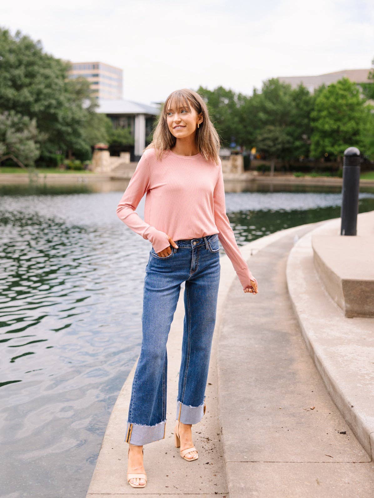 Ribbed Long-Sleeve Top, Blush Pink: Blush / M