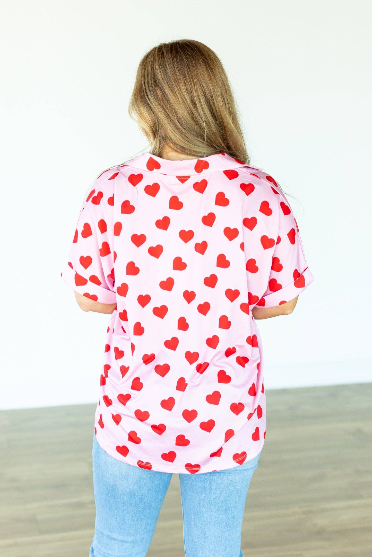 Cara Collared Top, Heart Print: Pink / XS