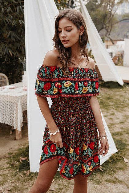 Boho Print Cut Ruffle Accented Pleated Short Dress:  / XL