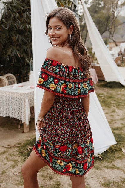 Boho Print Cut Ruffle Accented Pleated Short Dress:  / XL