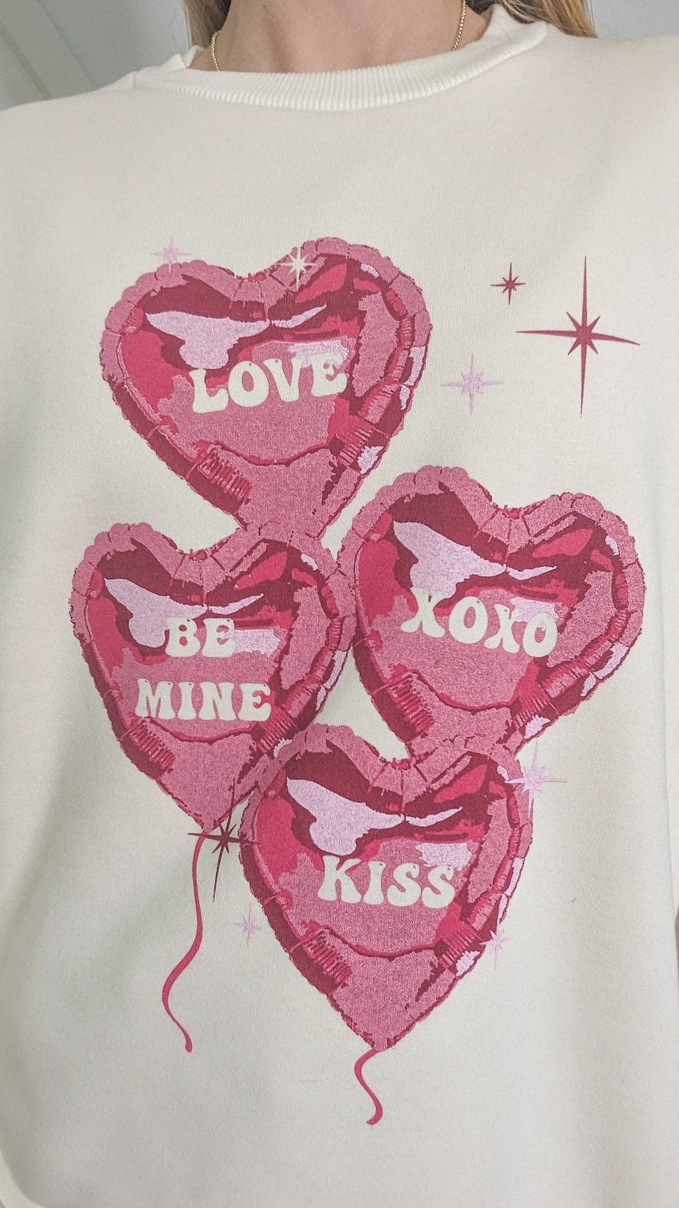 Pink Hearts on Ivory French Terry Sweatshirt With Ribbed Knit: Beige / XS