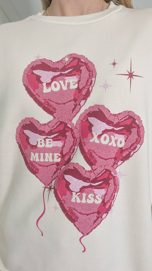 Pink Hearts on Ivory French Terry Sweatshirt With Ribbed Knit: Beige / XS