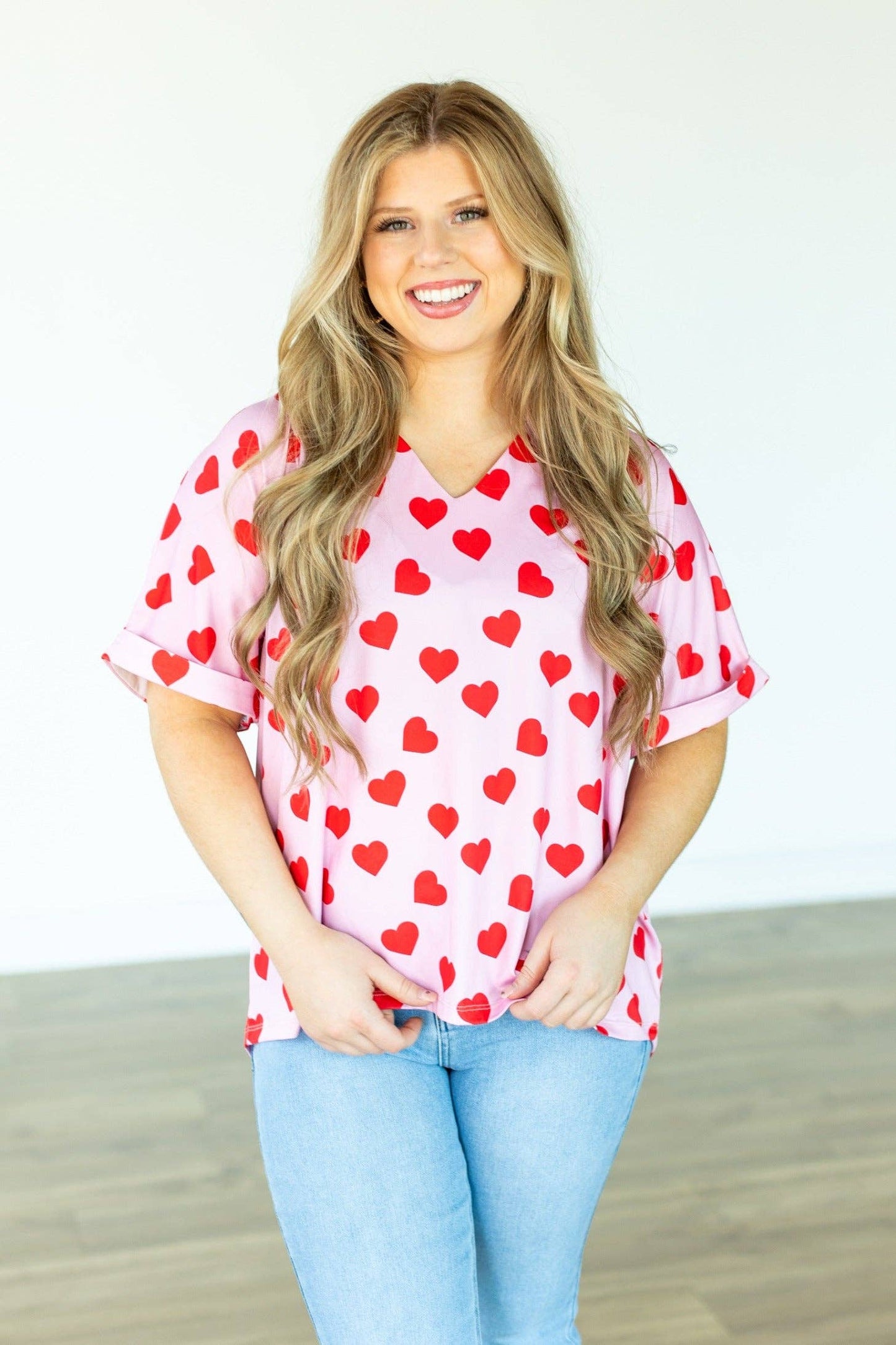 Cara Collared Top, Heart Print: Pink / XS