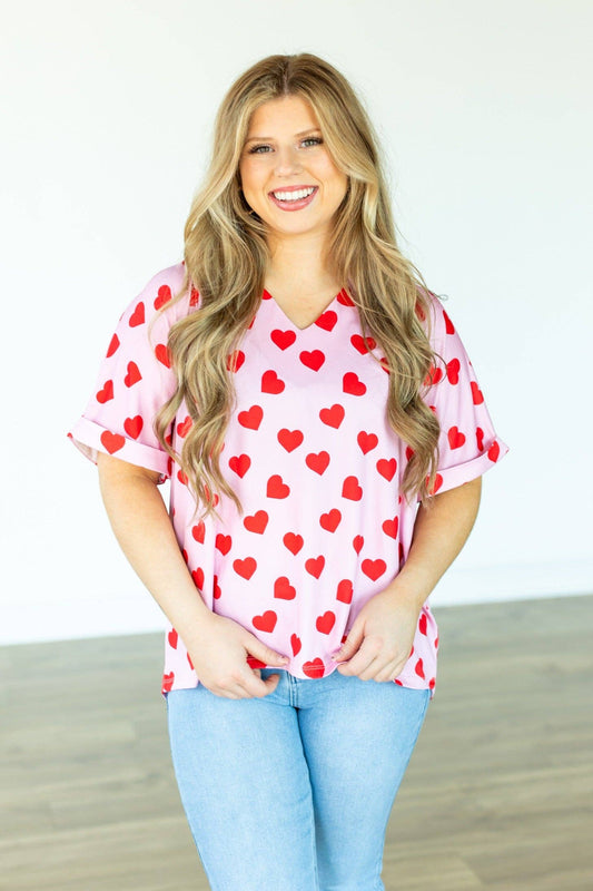 Cara Collared Top, Heart Print: Pink / XS