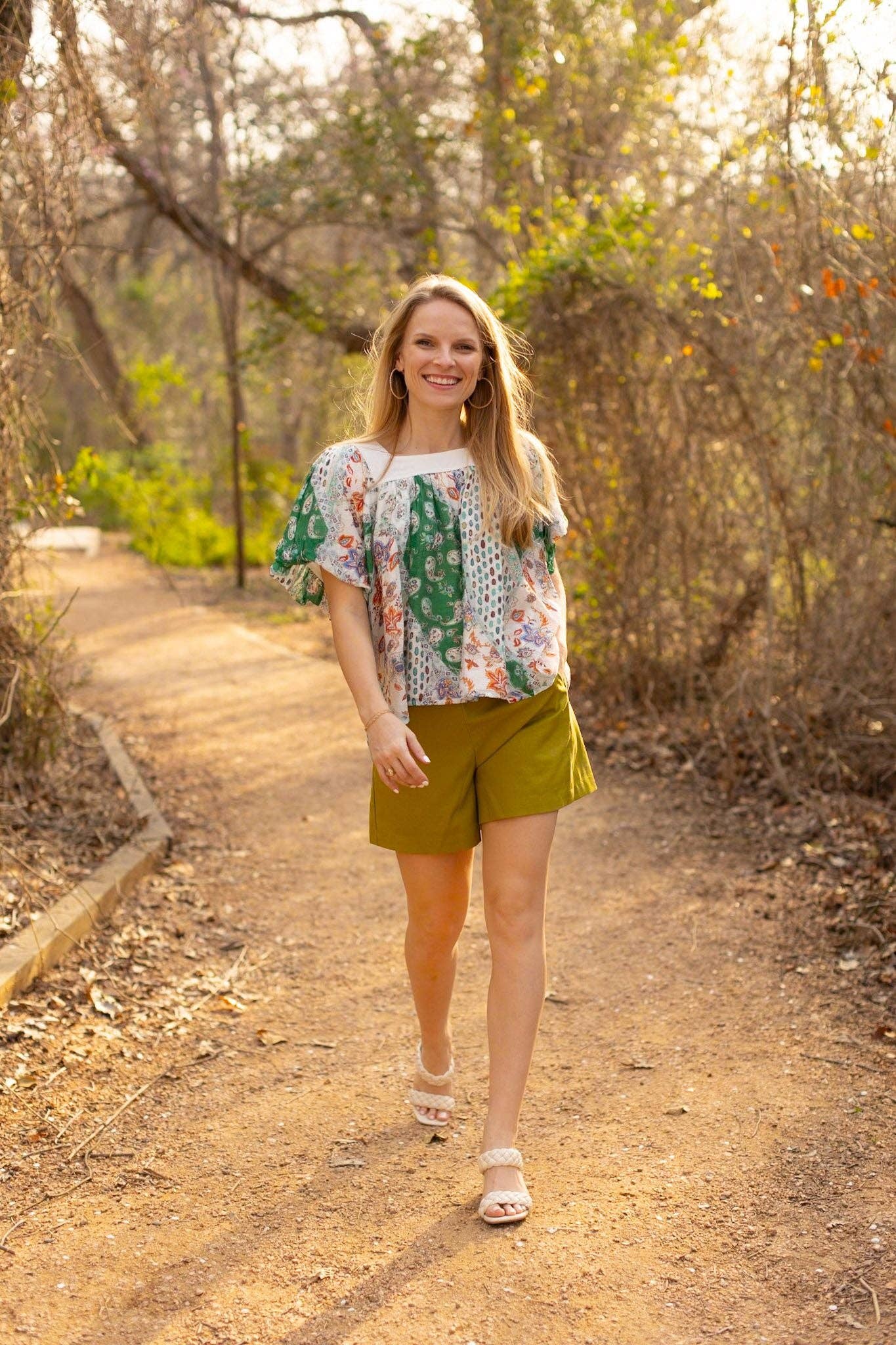 The Rosemary Ivory & Green Square Neck Puff Blouse: Green / Small