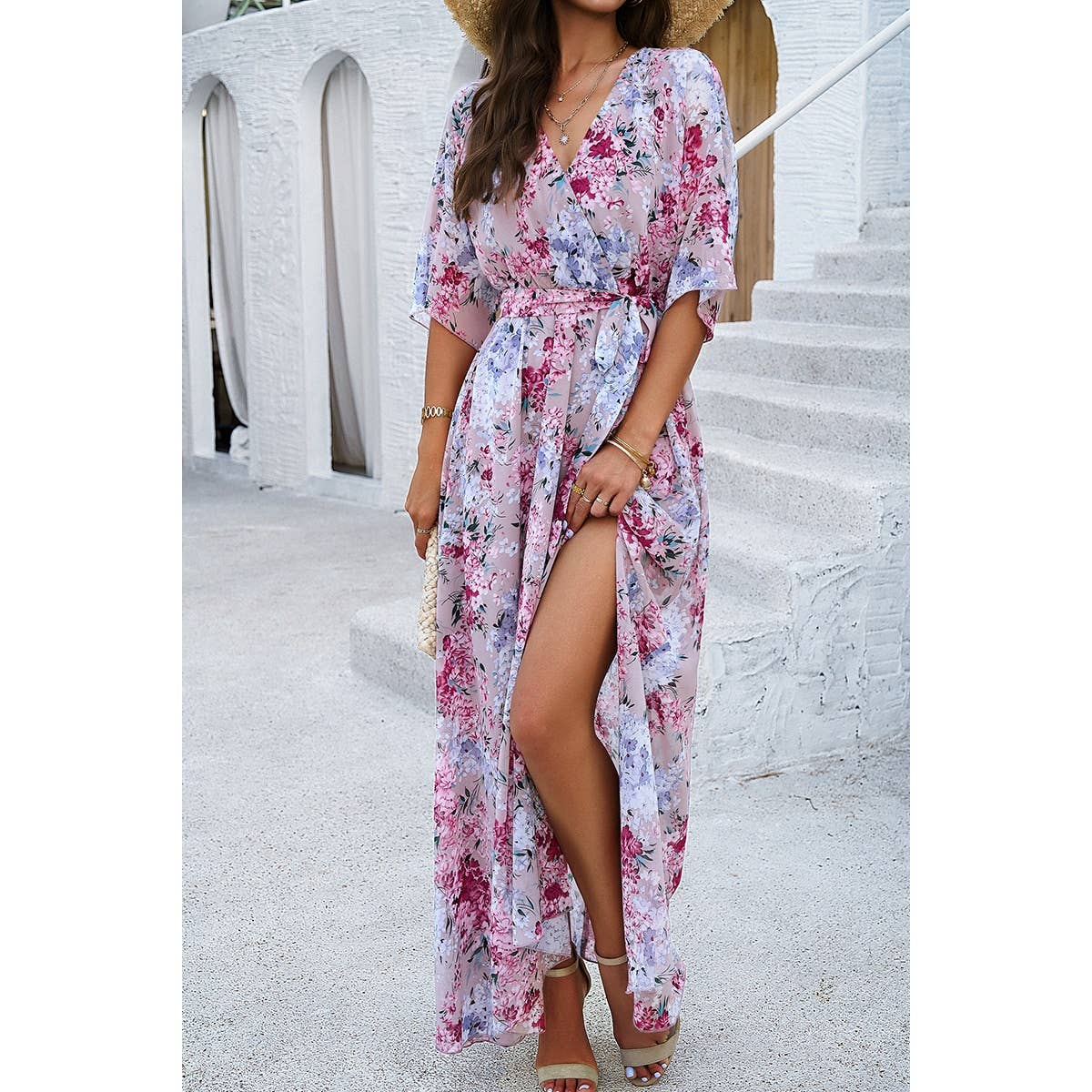Floral Print V Neck Waist Cinched Split Long Dress: PINK / XL